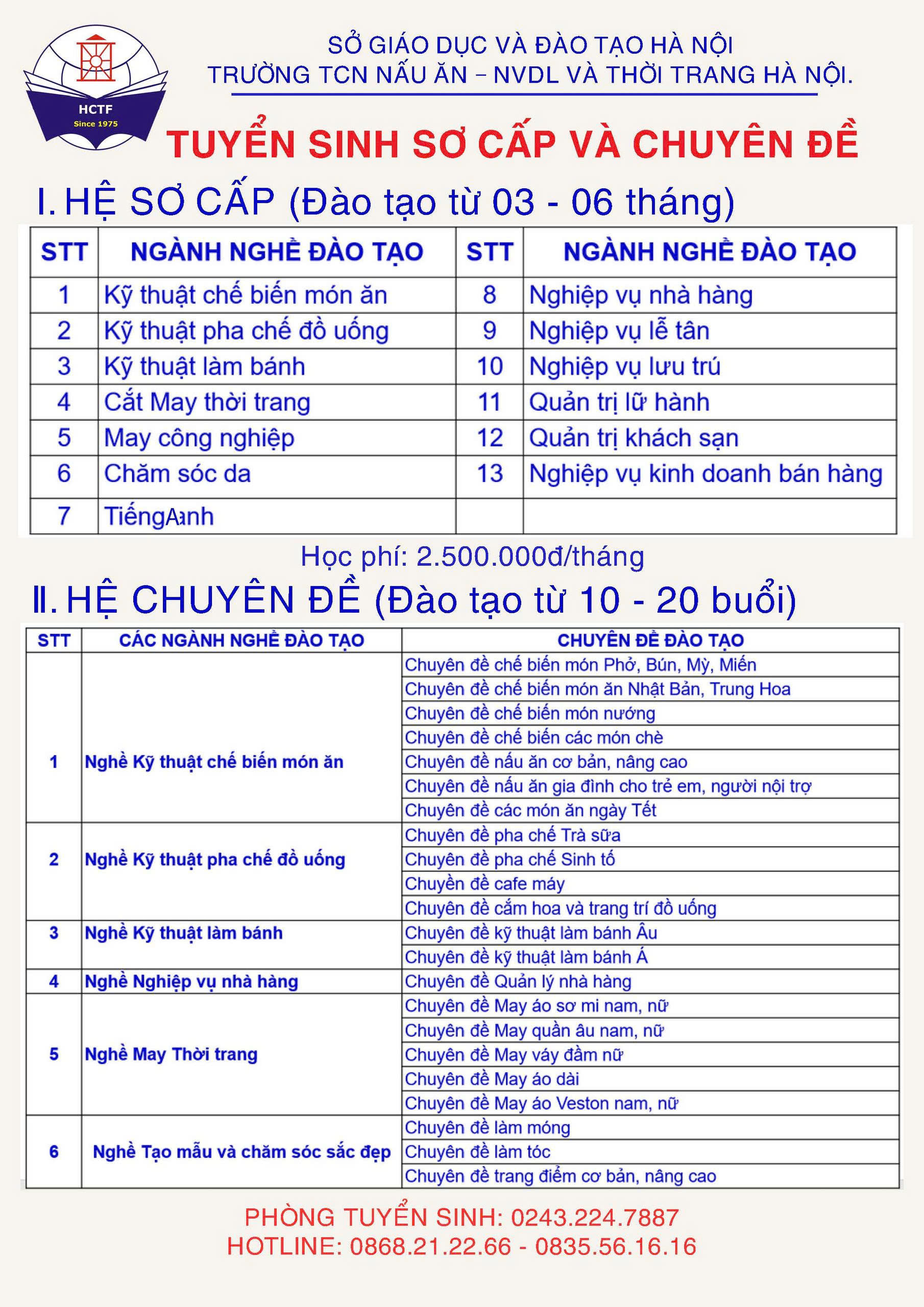 TUYỂN SINH SƠ CẤP BẬC 1-BẬC 2  VÀ CHUYÊN ĐỀ NĂM 2026
