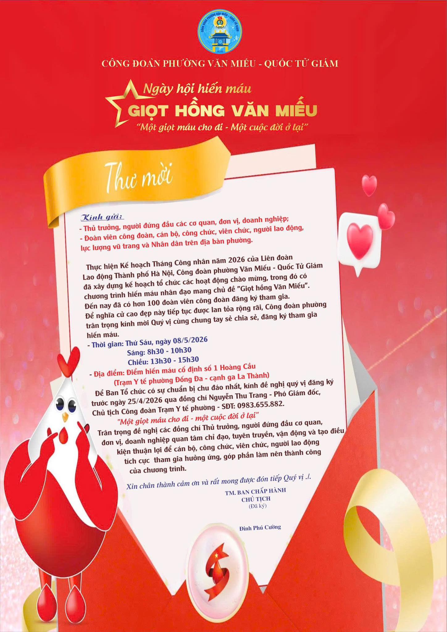 ĐẢNG BỘ NHÀ TRƯỜNG THAM GIA NGÀY HỘI HIẾN MÁU TÌNH NGUYỆN DO CÔNG ĐOÀN PHƯỜNG VĂN MIẾU – QUỐC TỬ GIÁM TỔ CHỨC